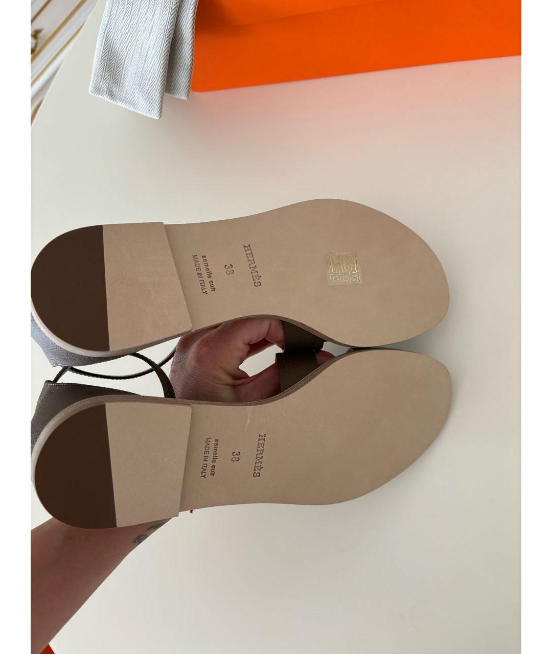 HERMES Хаки кожаные сандалии, фото 5