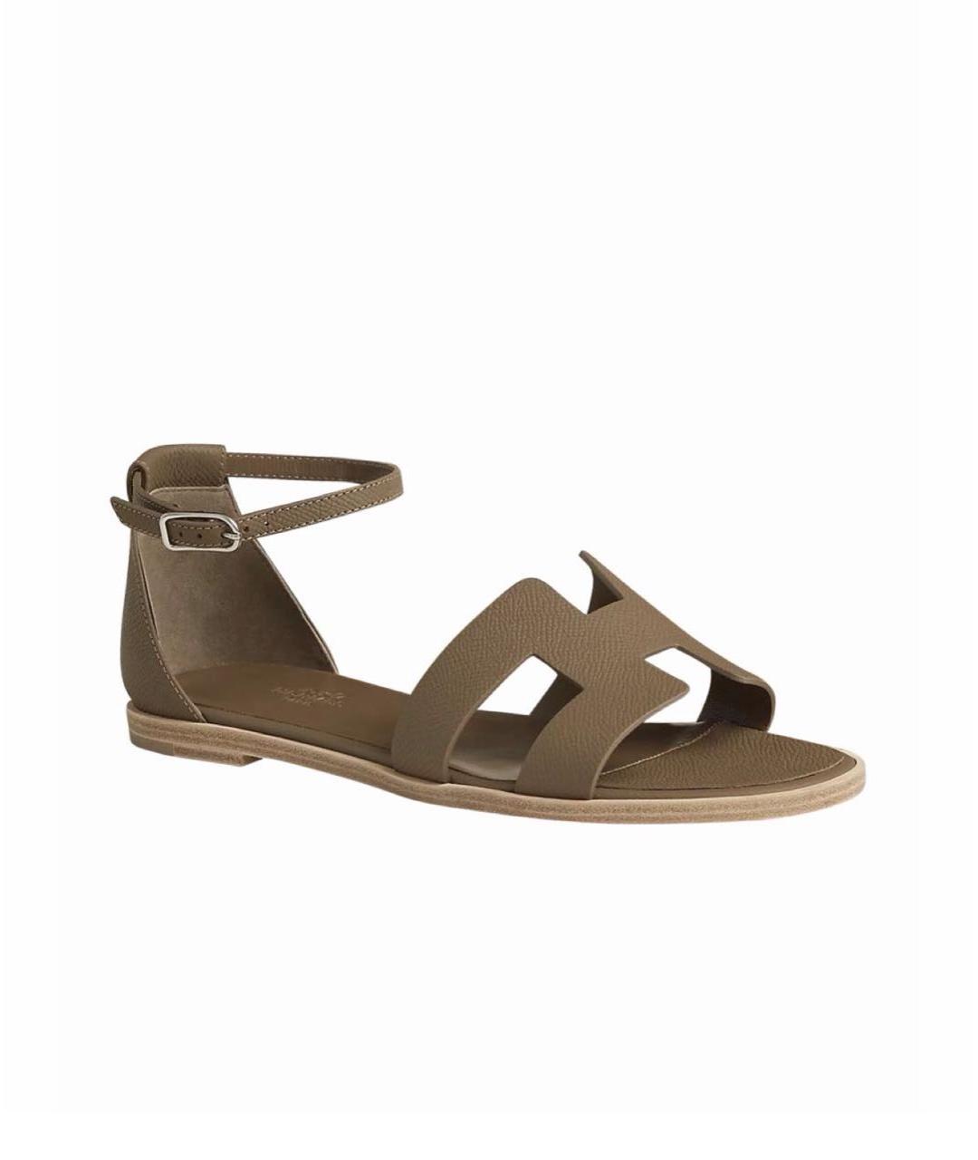 HERMES Хаки кожаные сандалии, фото 9