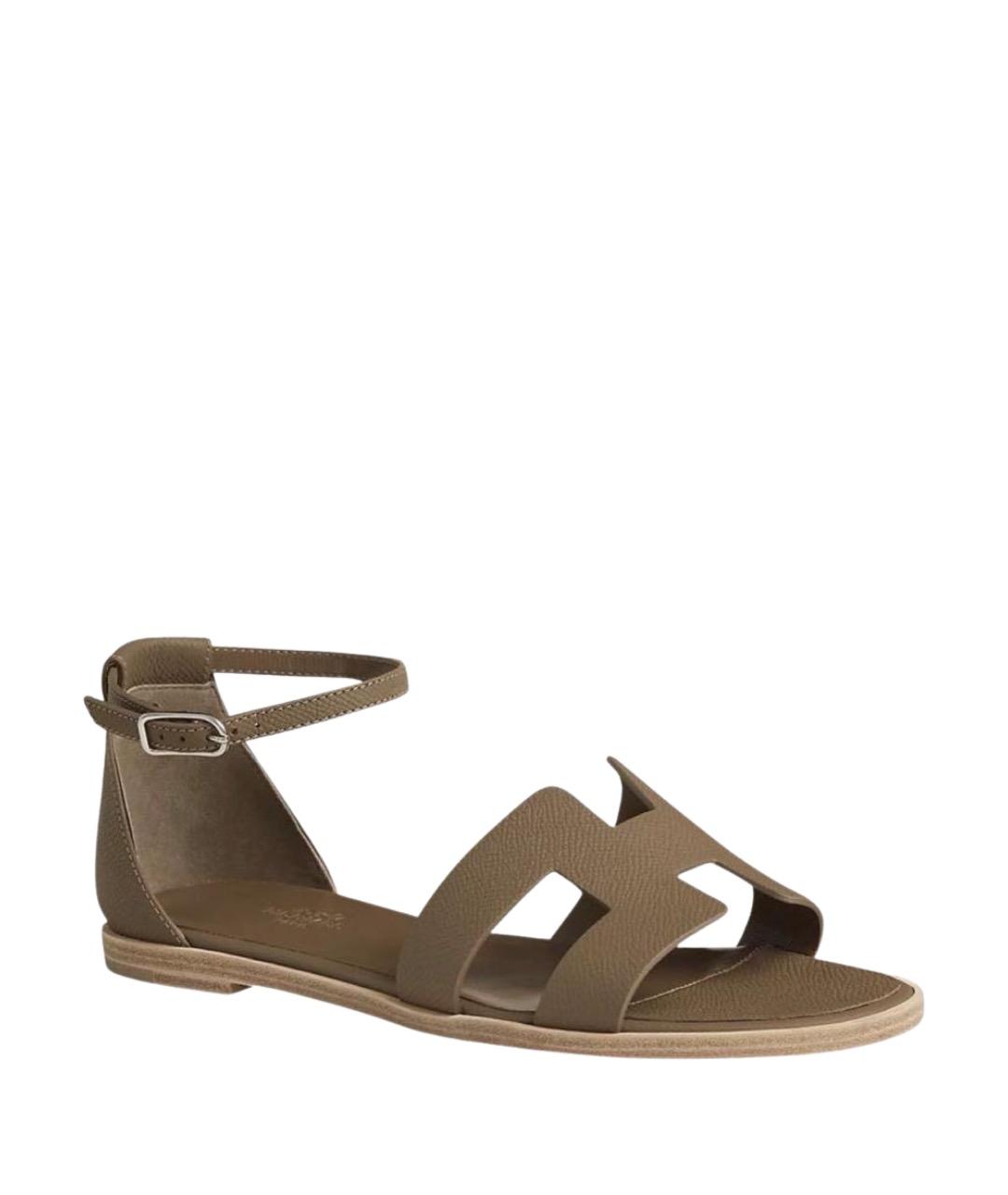 HERMES Хаки кожаные сандалии, фото 1