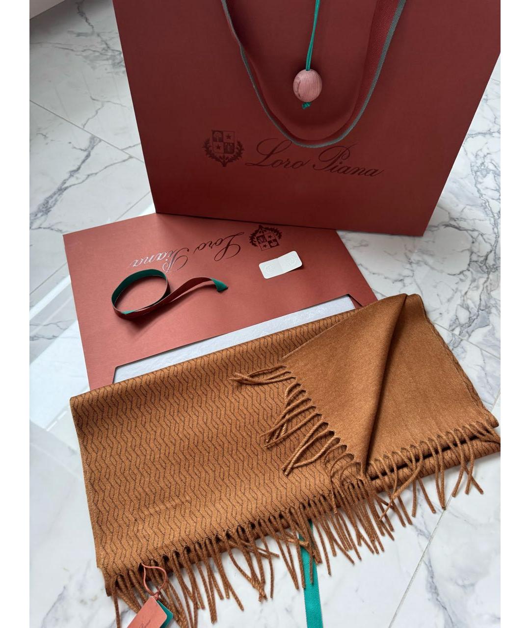 LORO PIANA Коричневый шелковый шарф, фото 7