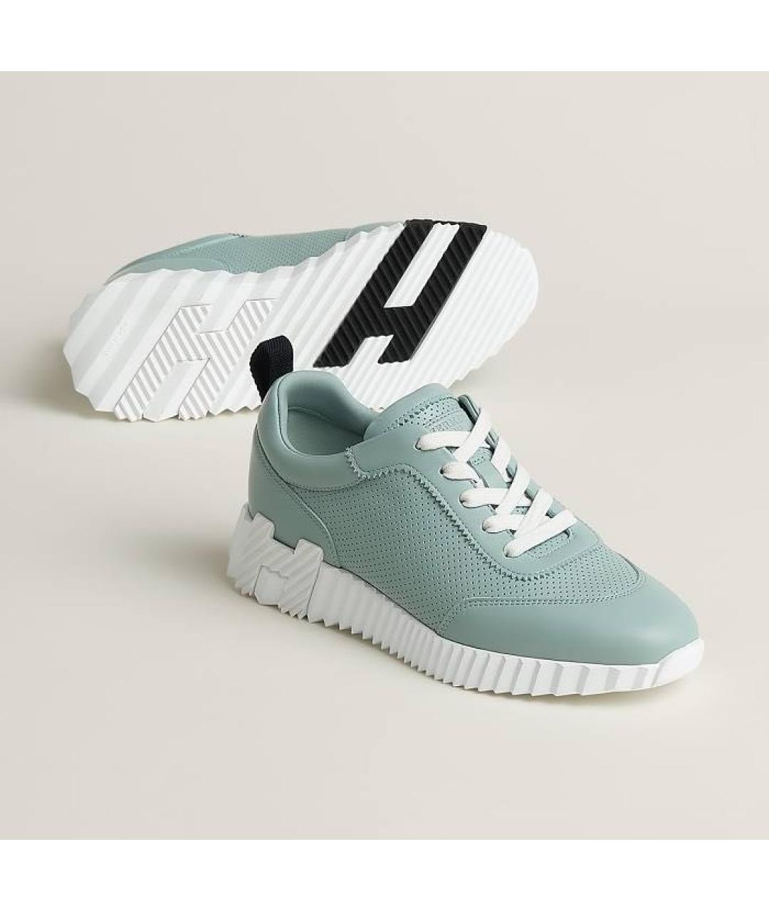 HERMES Бирюзовые кожаные кроссовки, фото 2