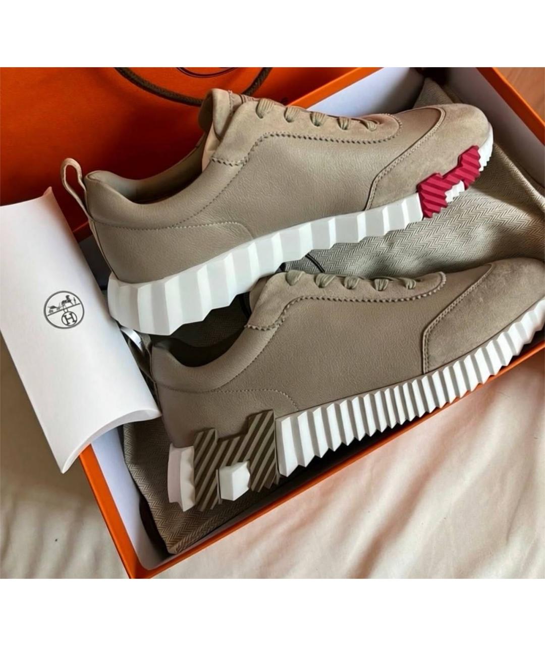 HERMES Бежевые кожаные кроссовки, фото 6