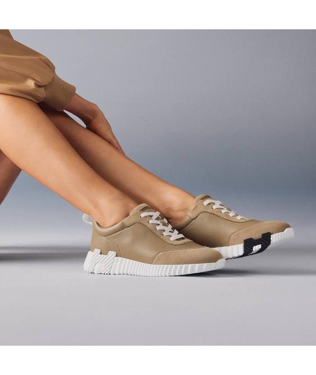 HERMES Бежевые кожаные кроссовки, фото 3