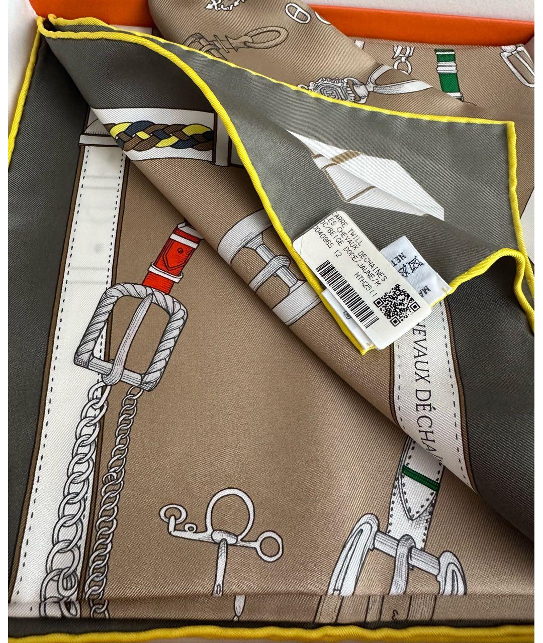 HERMES Бежевый шелковый платок, фото 5