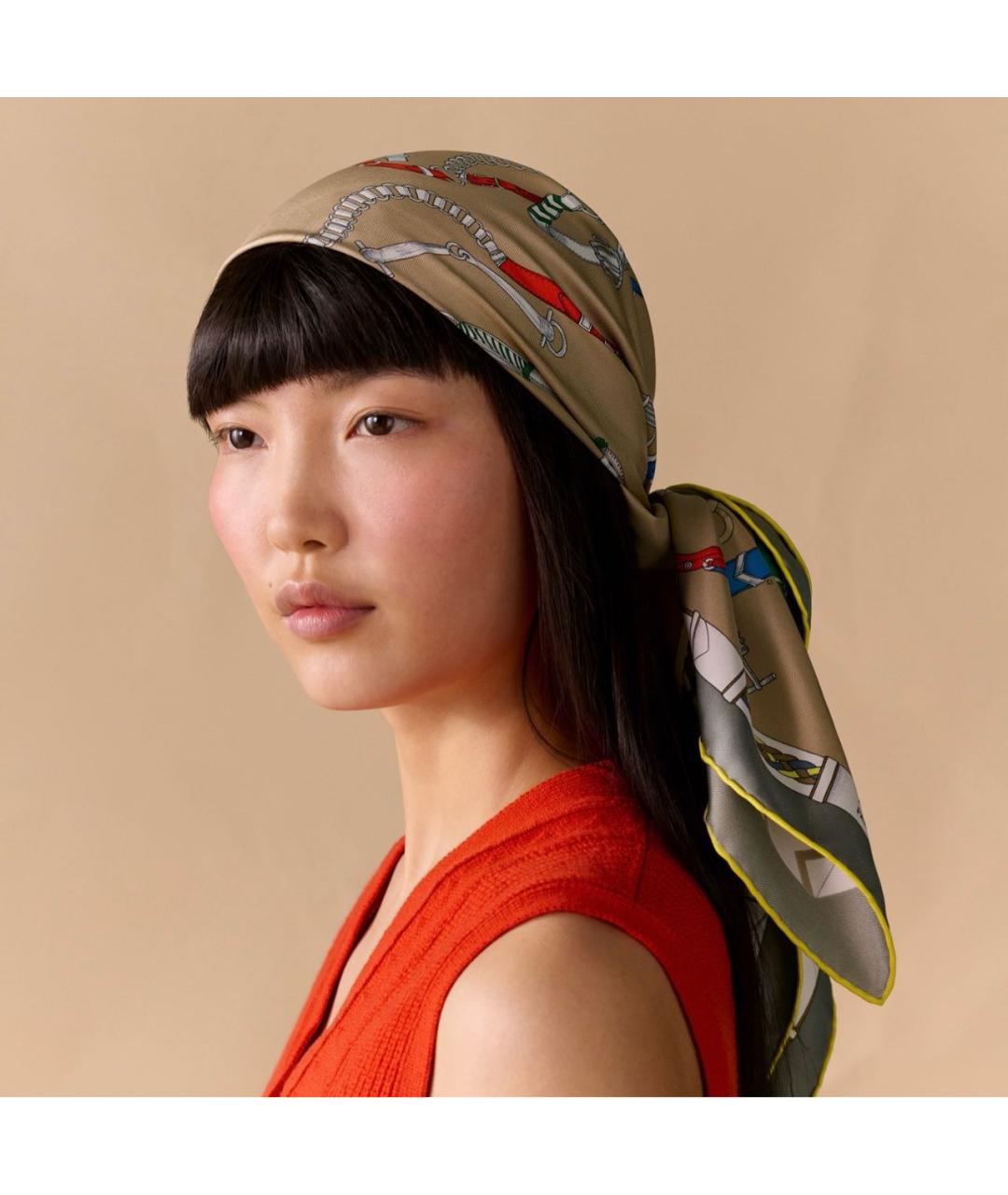 HERMES Бежевый шелковый платок, фото 3