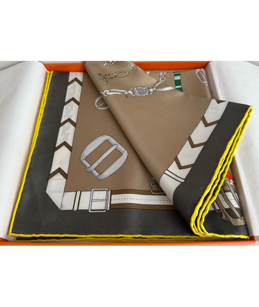 HERMES Бежевый шелковый платок, фото 4
