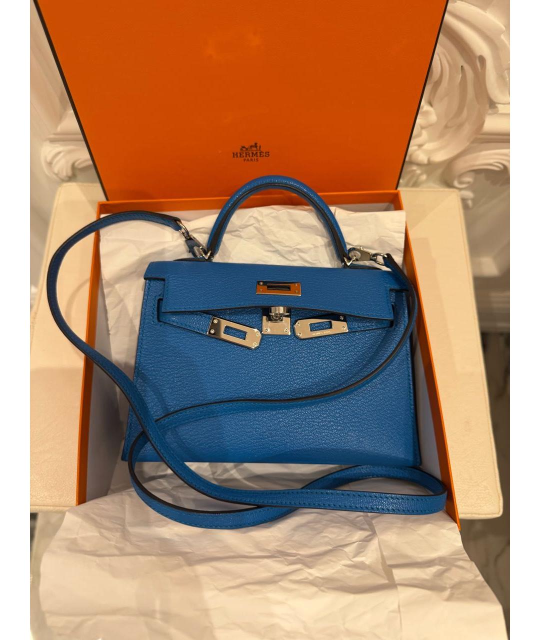 HERMES Синяя кожаная сумка с короткими ручками, фото 3