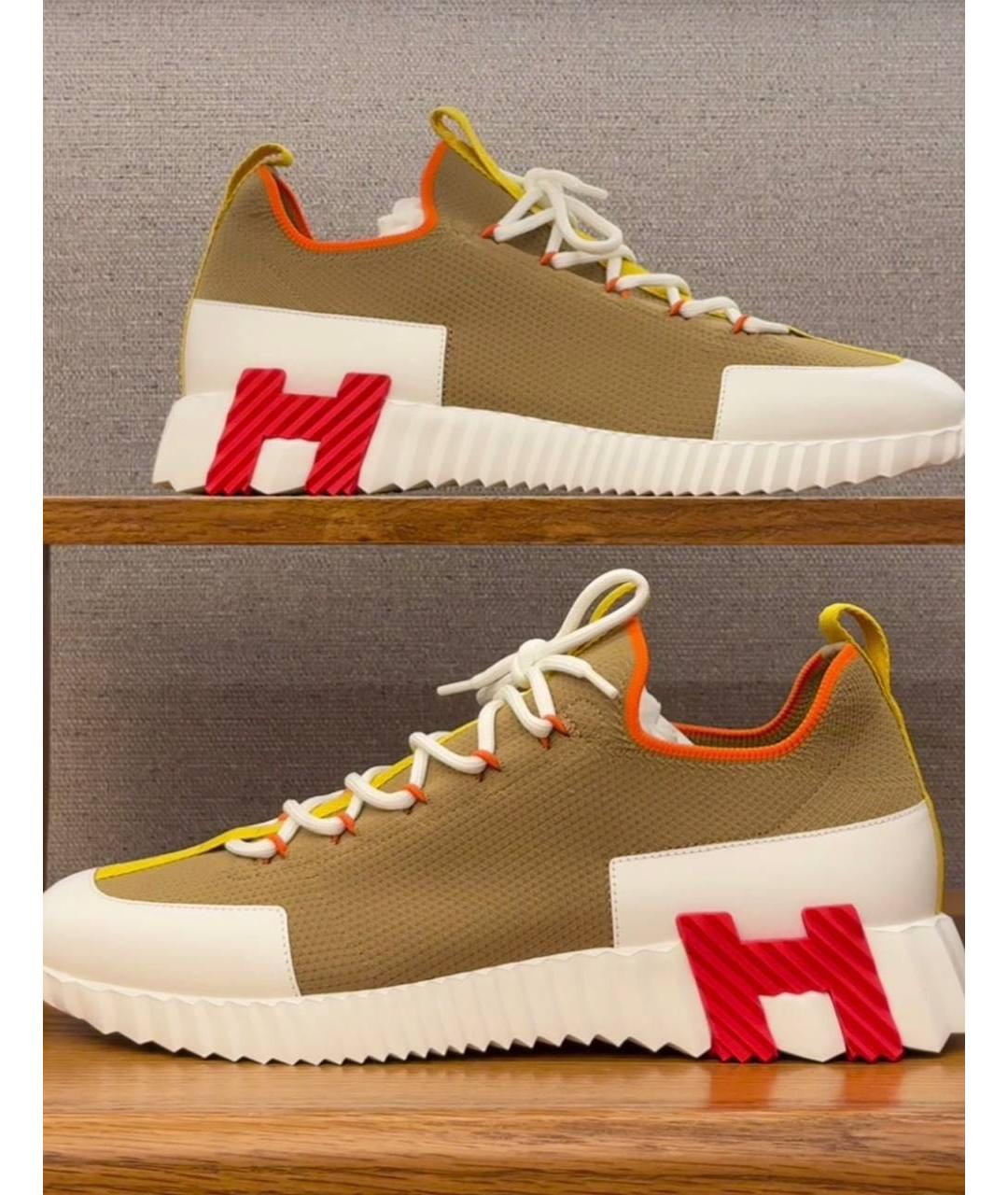 HERMES Бежевые текстильные кроссовки, фото 7