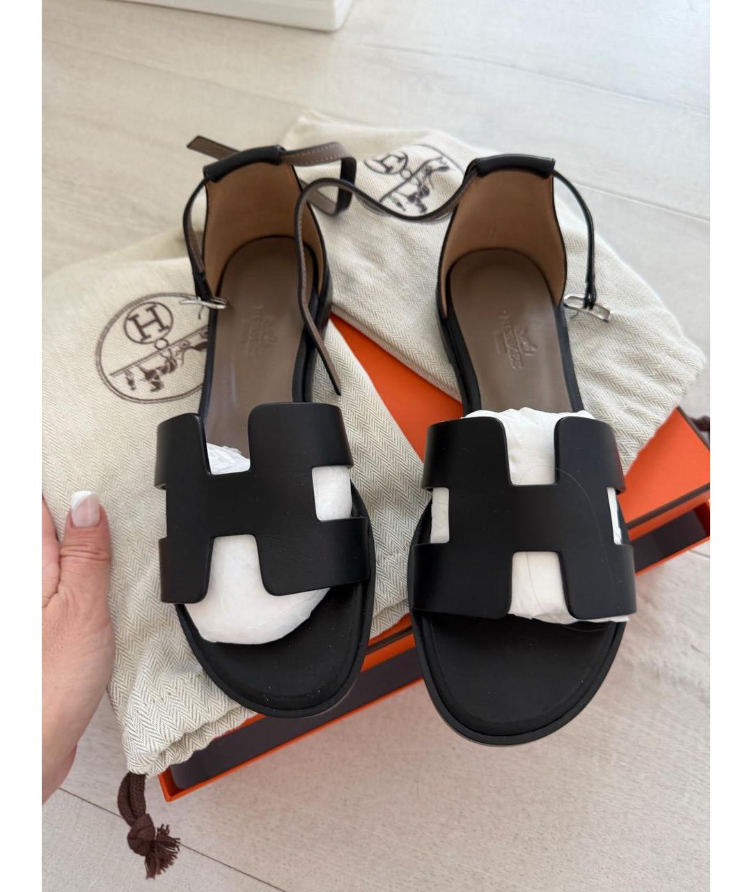 HERMES Черные кожаные сандалии, фото 2