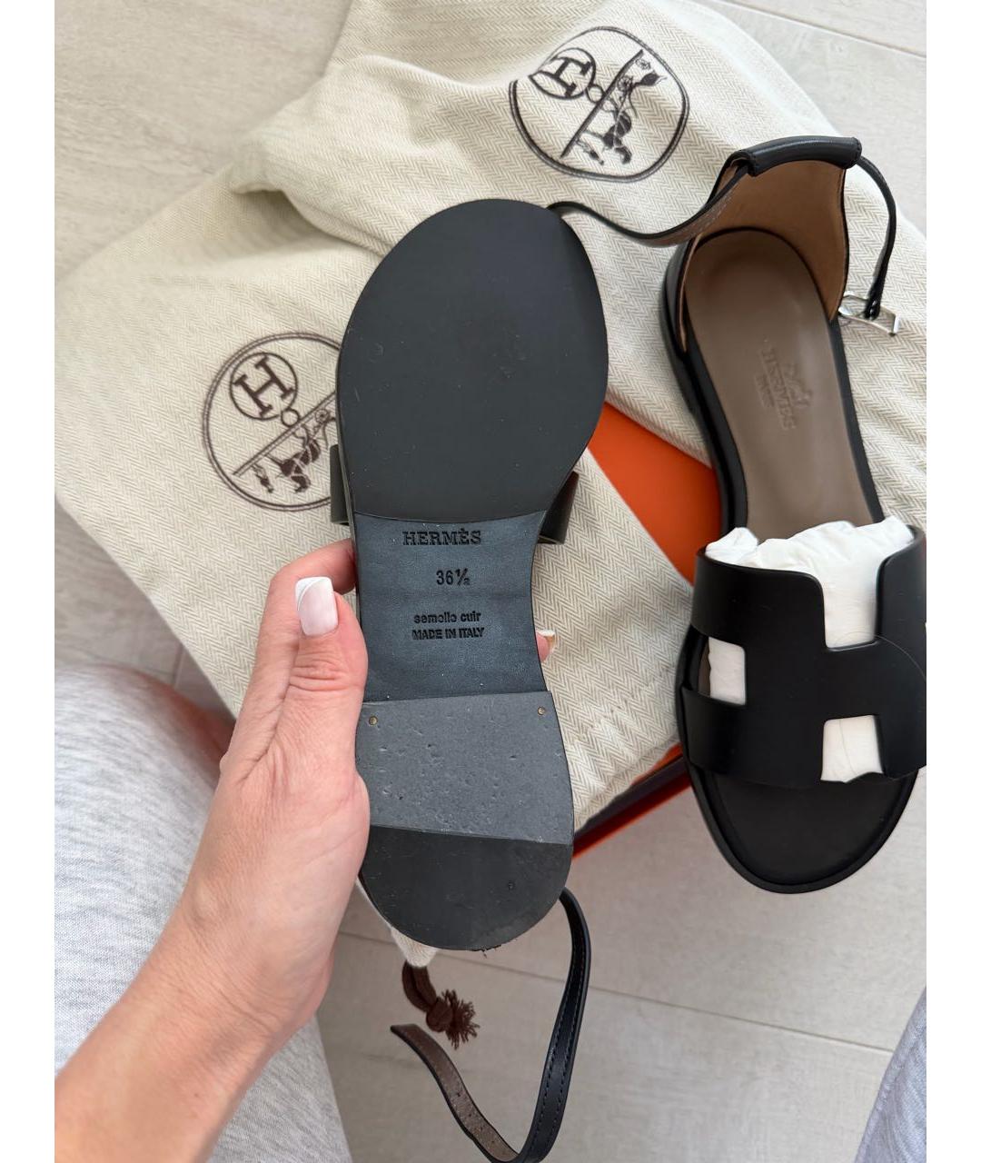 HERMES Черные кожаные сандалии, фото 4