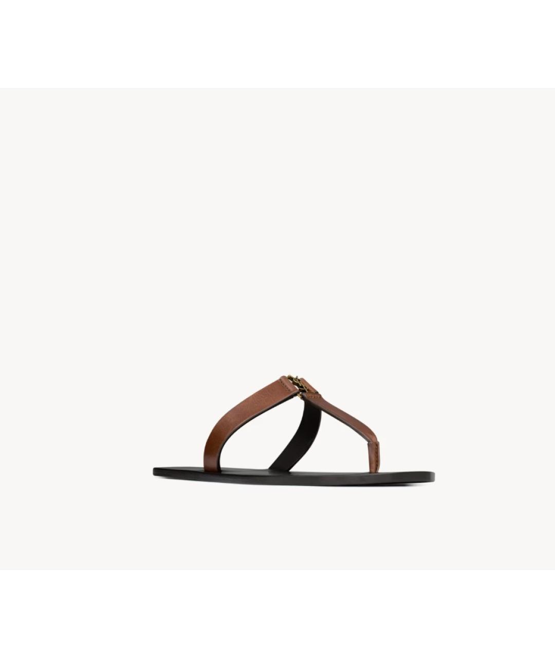 SAINT LAURENT Коричневые кожаные шлепанцы, фото 3