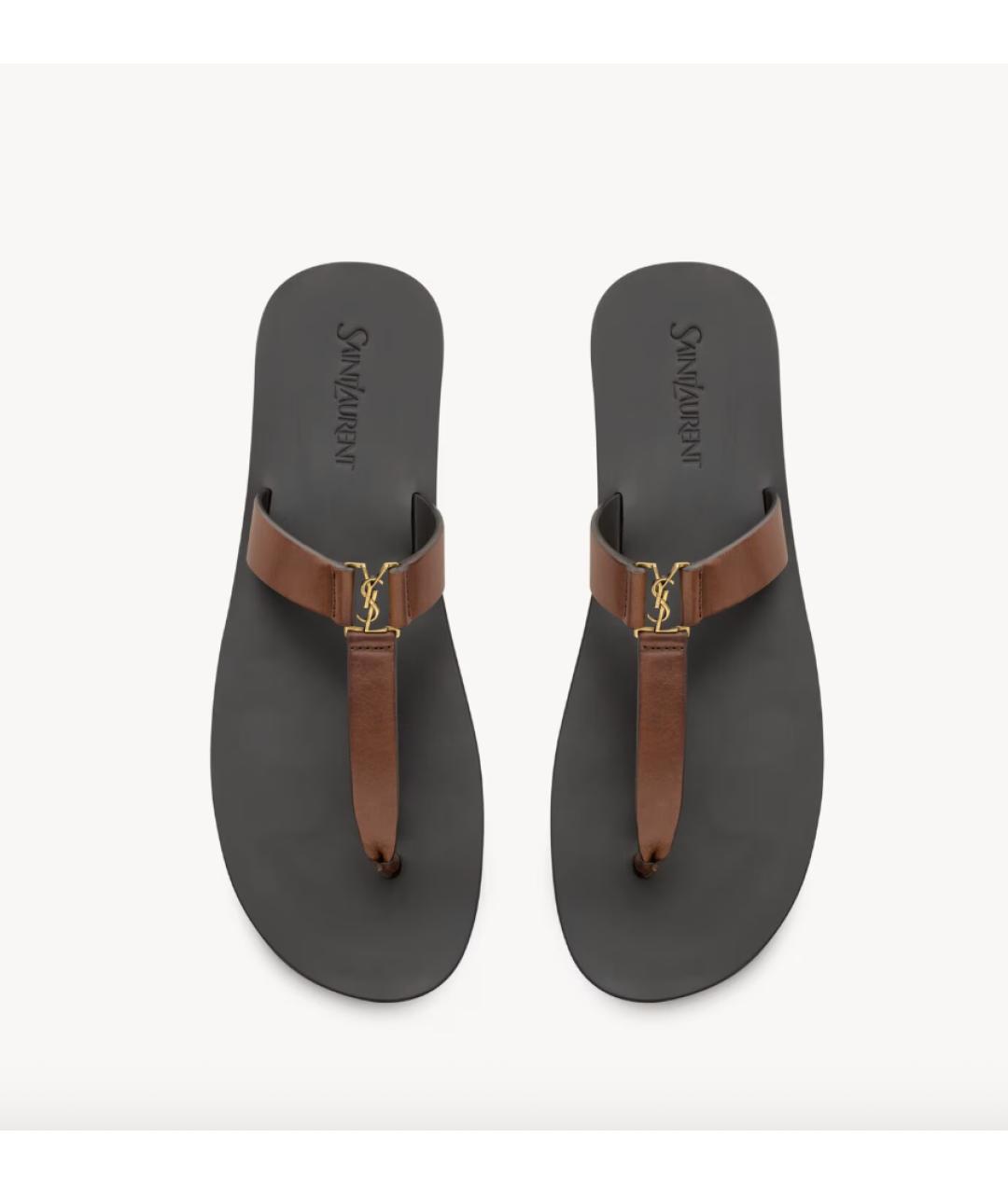 SAINT LAURENT Коричневые кожаные шлепанцы, фото 2