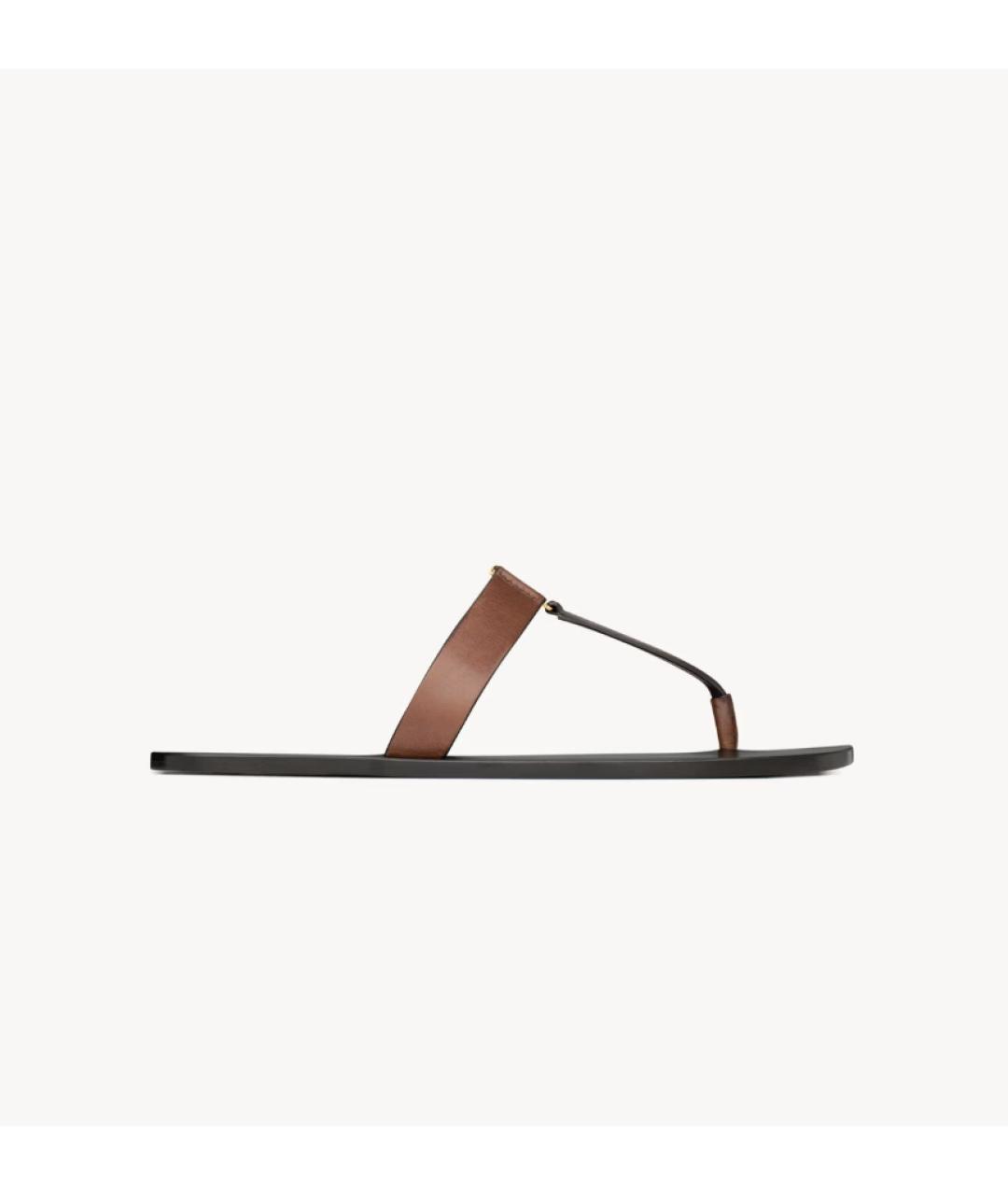 SAINT LAURENT Коричневые кожаные шлепанцы, фото 4