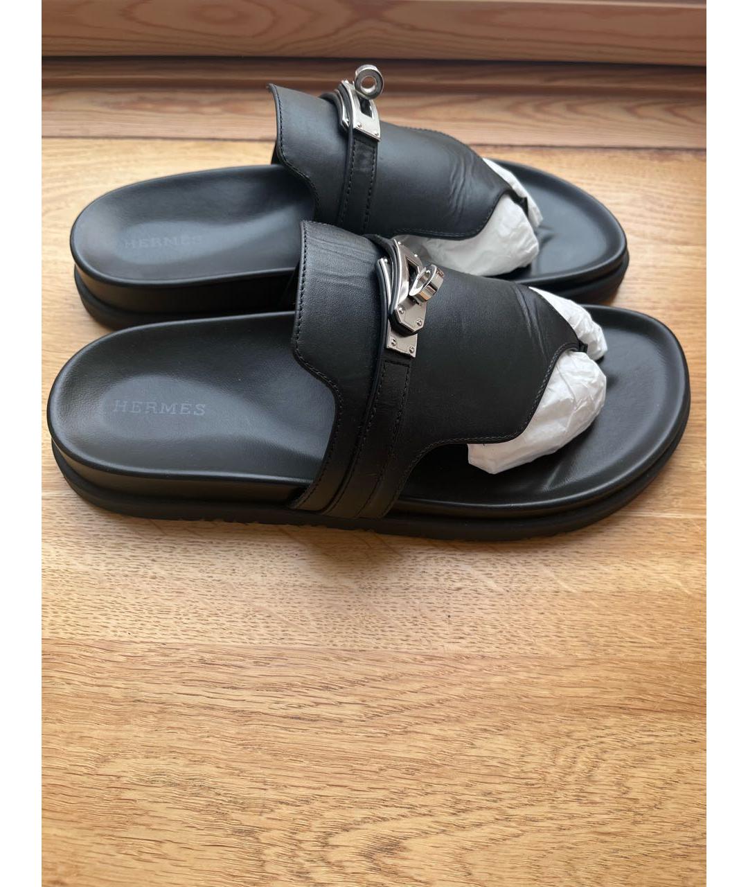 HERMES Черные кожаные шлепанцы, фото 7