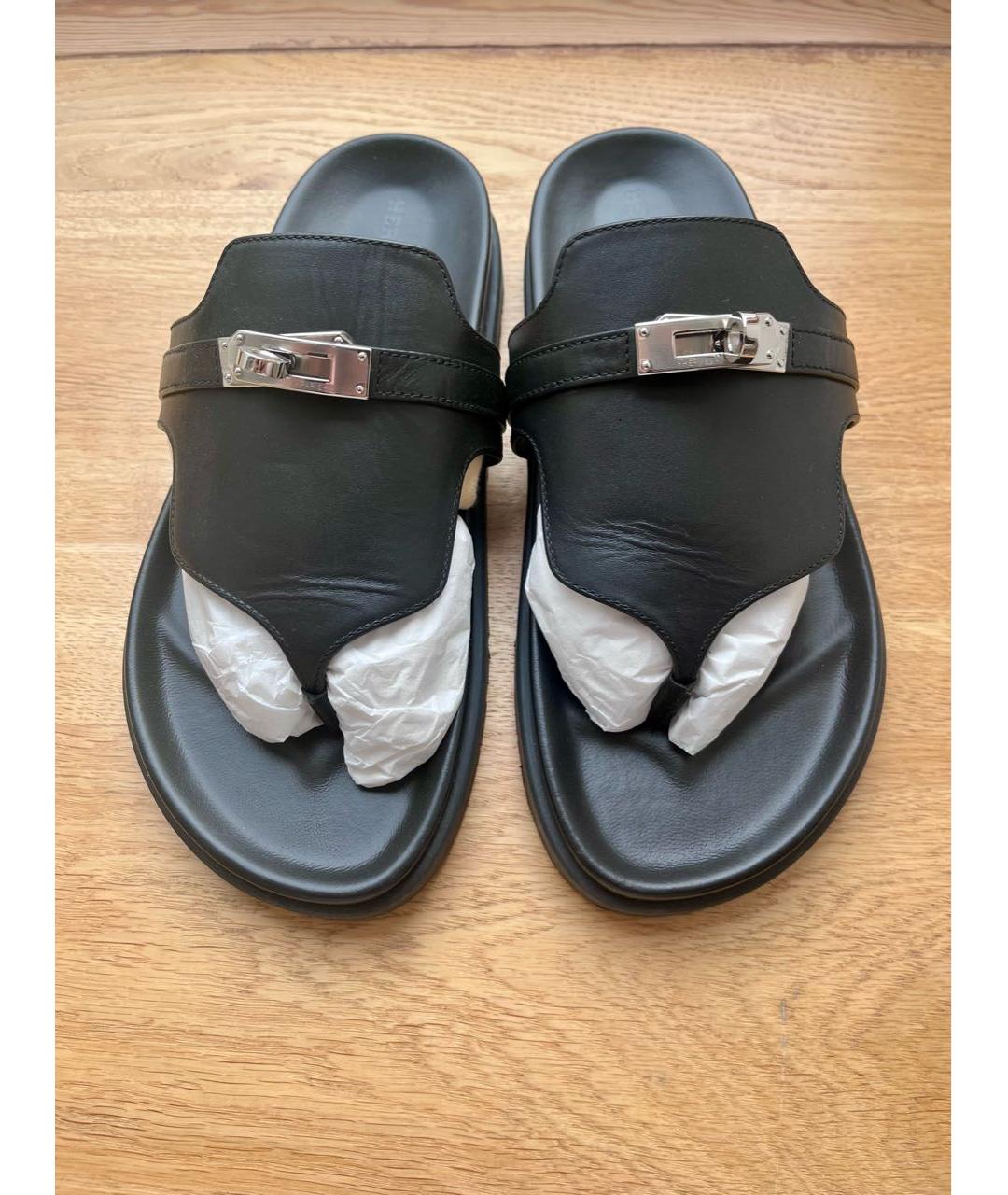 HERMES Черные кожаные шлепанцы, фото 2