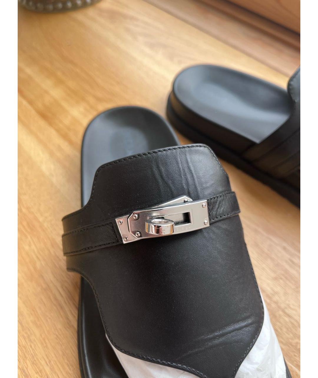 HERMES Черные кожаные шлепанцы, фото 3