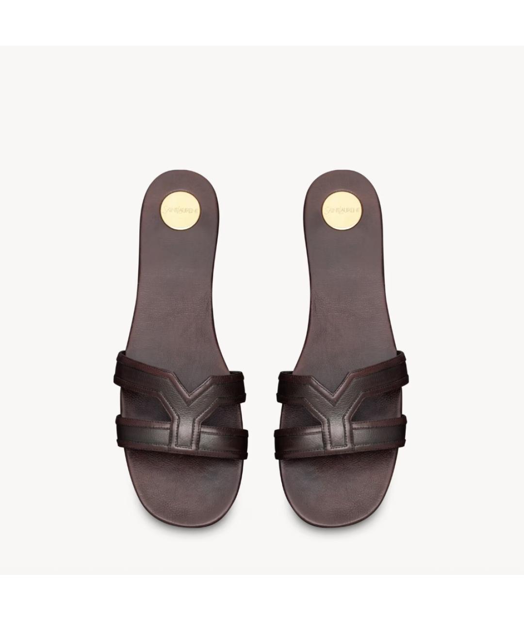SAINT LAURENT Коричневые кожаные шлепанцы, фото 2