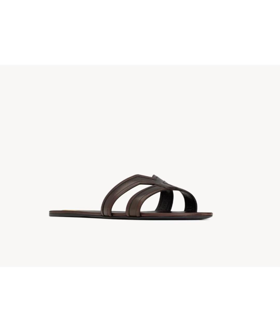 SAINT LAURENT Коричневые кожаные шлепанцы, фото 3