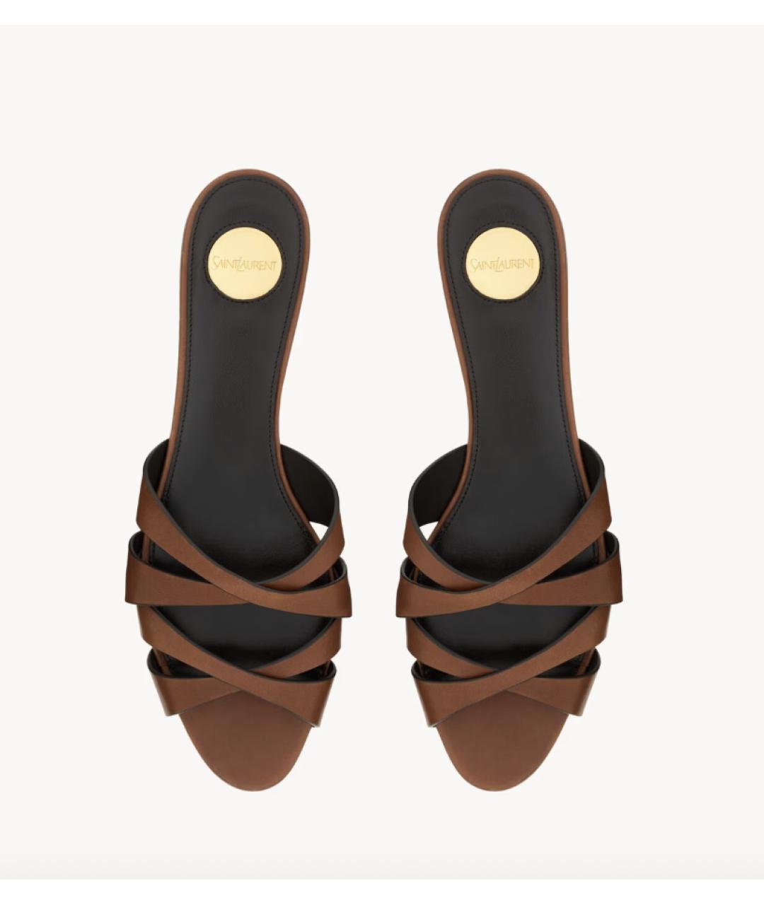 SAINT LAURENT Коричневые кожаные шлепанцы, фото 2