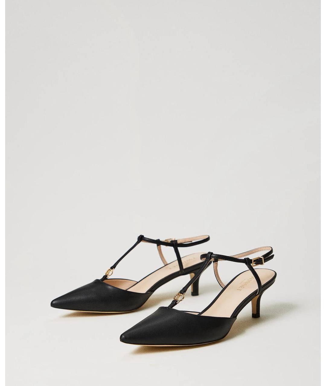 TWIN-SET Черные лодочки на низком каблуке из искусственной кожи, фото 4