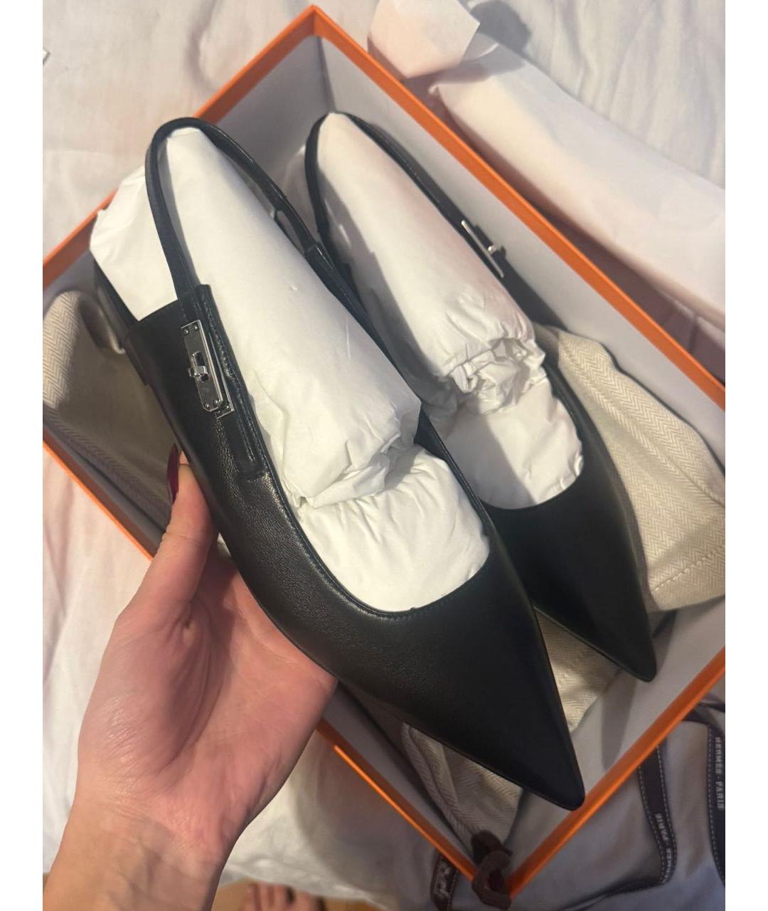 HERMES Черные кожаные лодочки на низком каблуке, фото 3