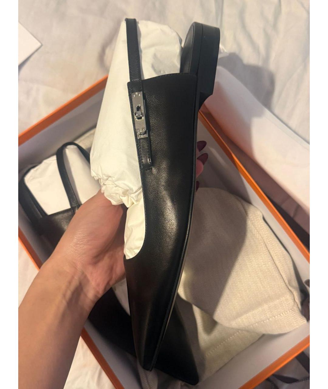 HERMES Черные кожаные лодочки на низком каблуке, фото 7