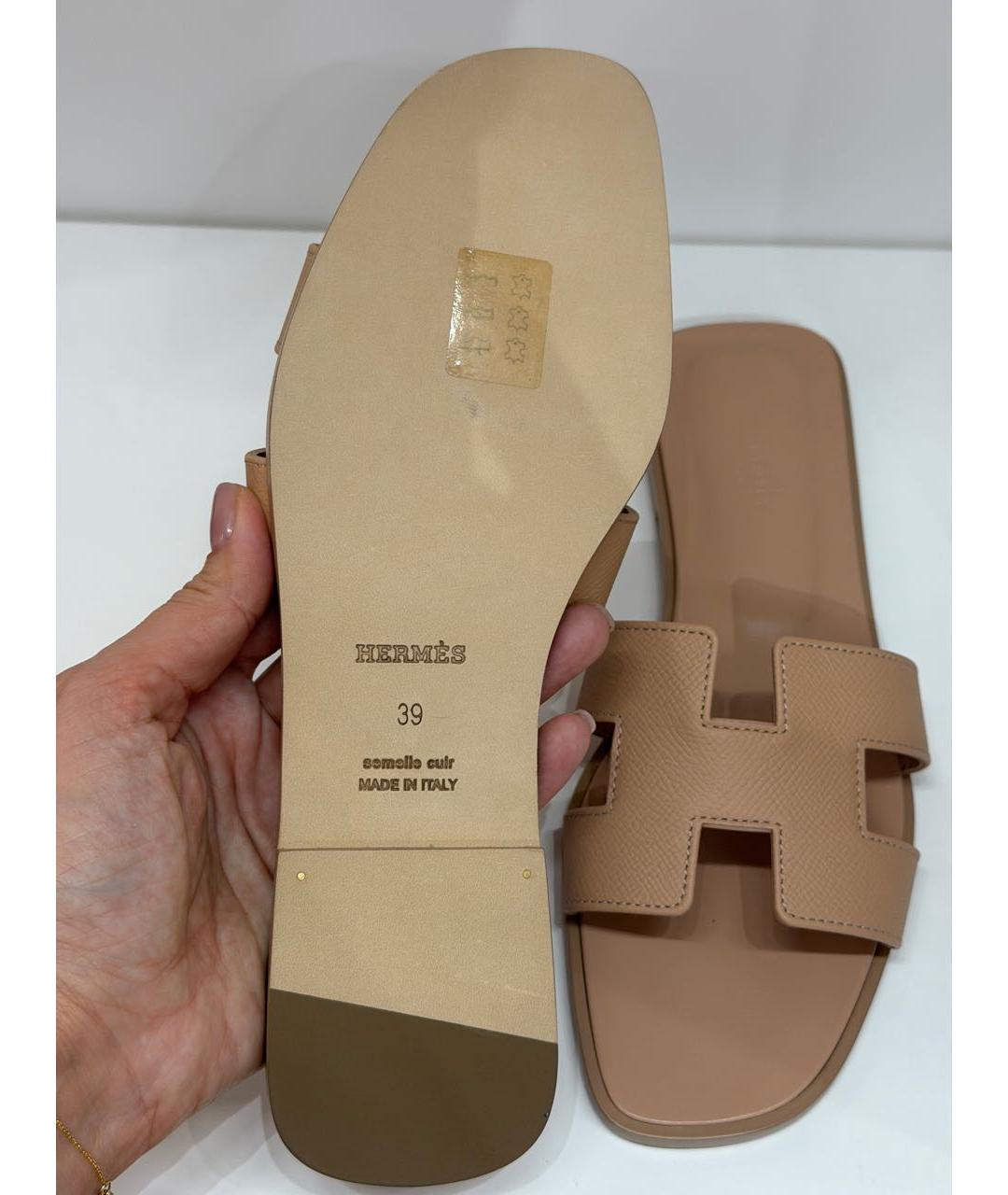 HERMES Бежевые кожаные шлепанцы, фото 3