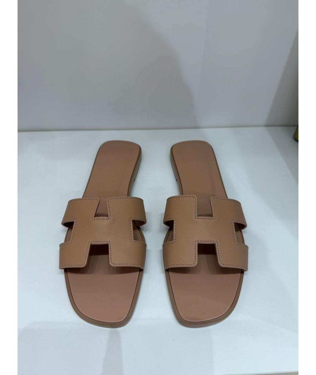 HERMES Бежевые кожаные шлепанцы, фото 6