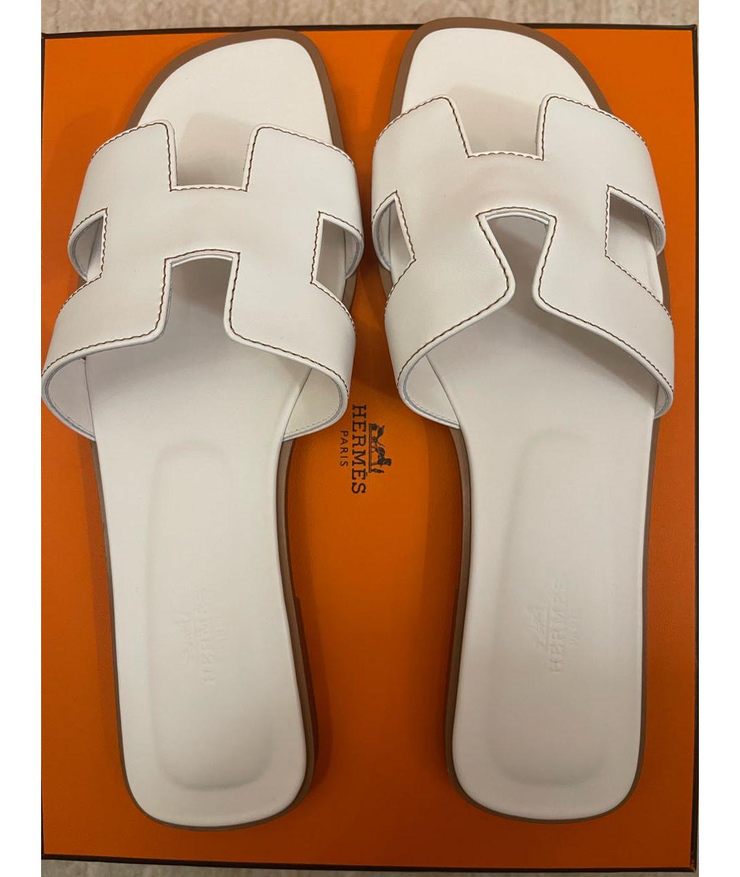 HERMES Белые кожаные шлепанцы, фото 3