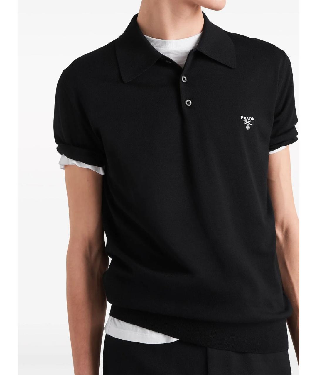 PRADA Черное хлопко-шерстяное поло с коротким рукавом, фото 5