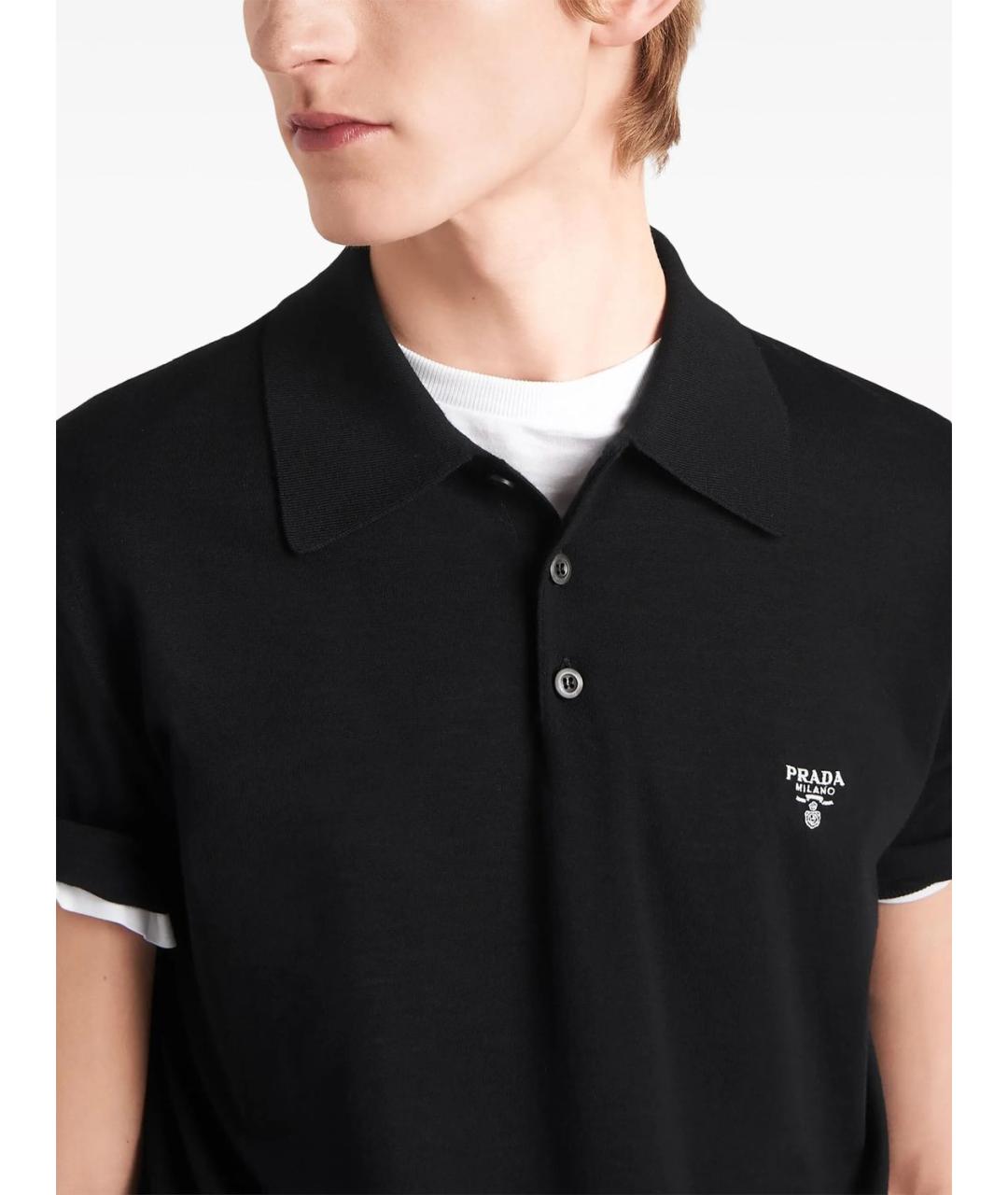 PRADA Черное хлопко-шерстяное поло с коротким рукавом, фото 4