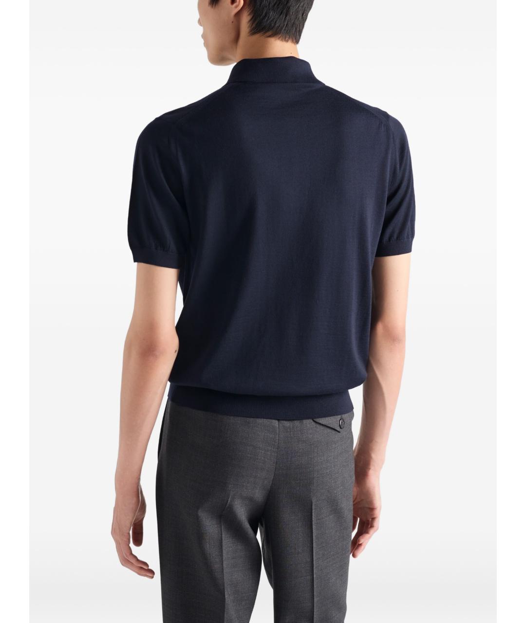 PRADA Темно-синее хлопко-шерстяное поло с коротким рукавом, фото 2