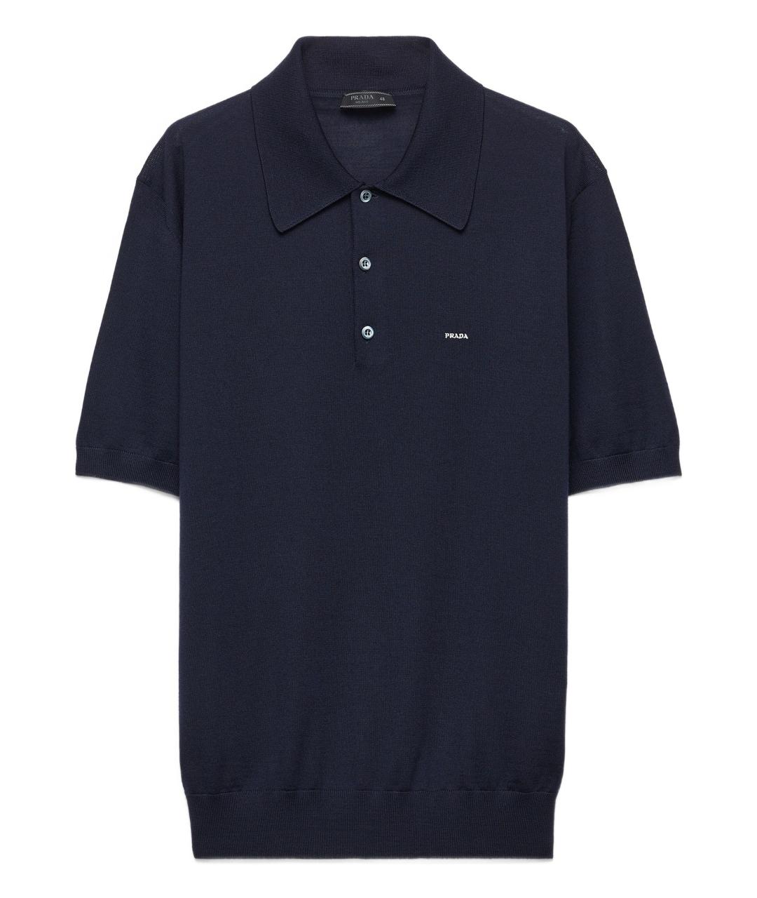 PRADA Темно-синее хлопко-шерстяное поло с коротким рукавом, фото 1