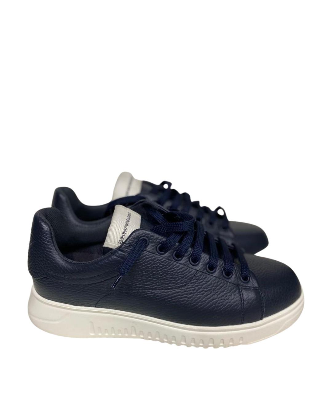 EMPORIO ARMANI Темно-синие кожаные низкие кроссовки / кеды, фото 1