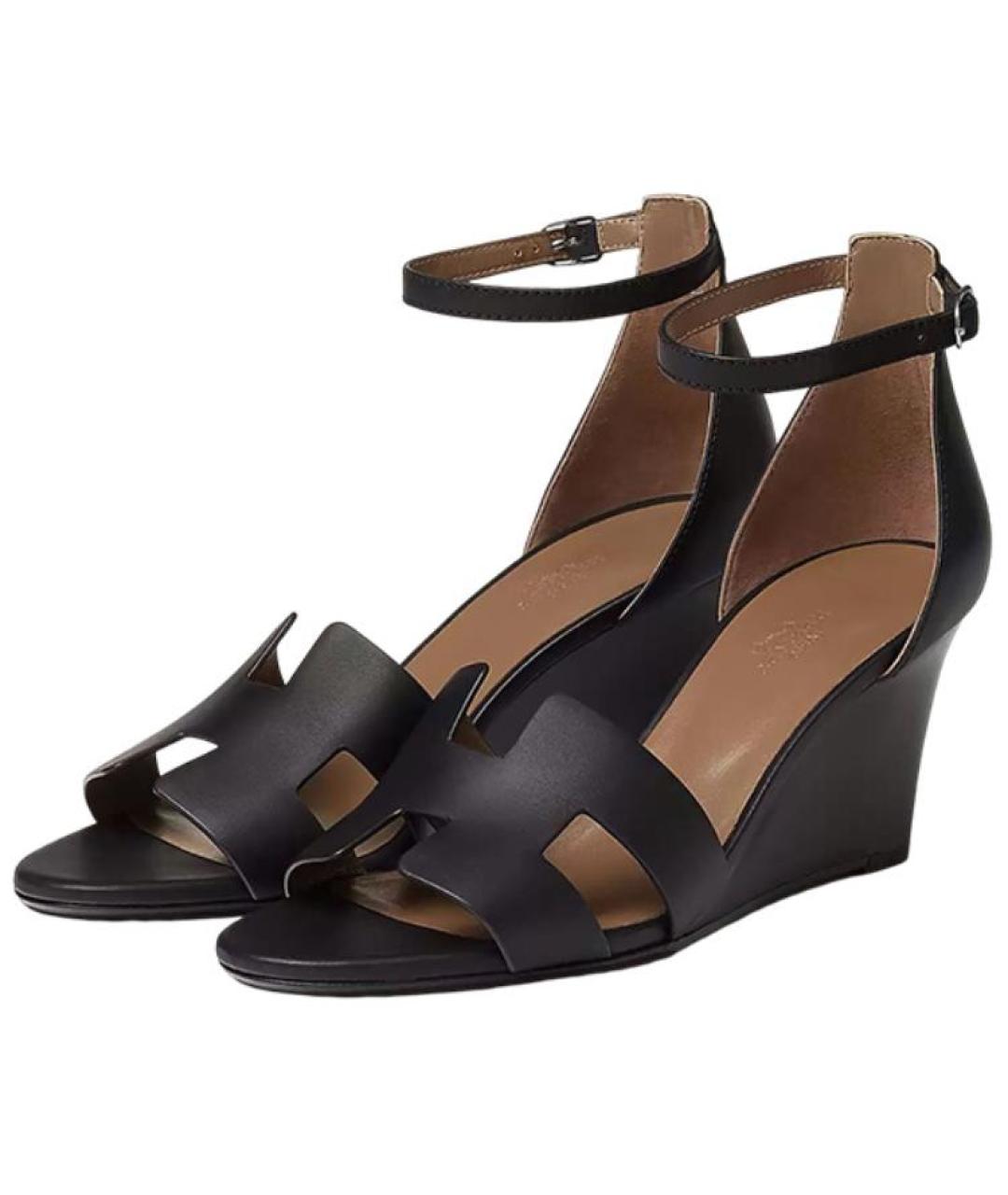 HERMES Черные кожаные сандалии, фото 3