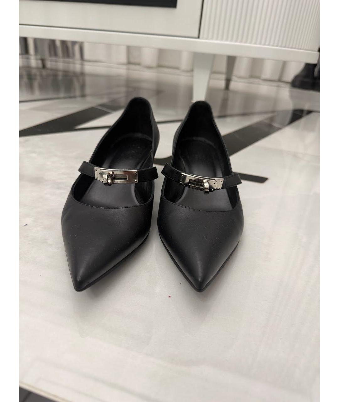 HERMES Черные кожаные лодочки на низком каблуке, фото 3