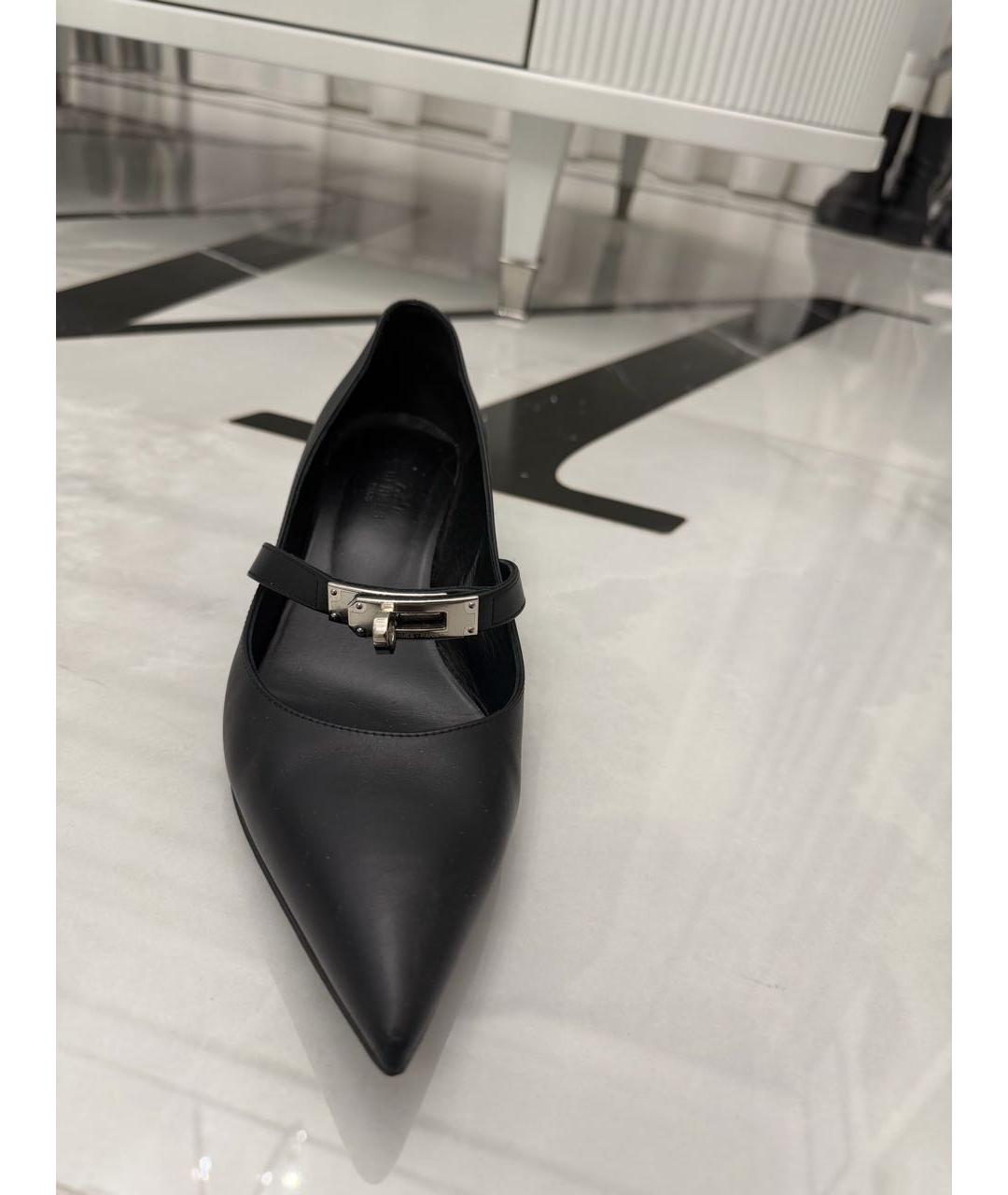HERMES Черные кожаные лодочки на низком каблуке, фото 5