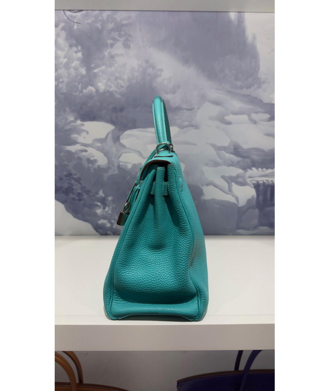 HERMES Бирюзовая кожаная сумка с короткими ручками, фото 7