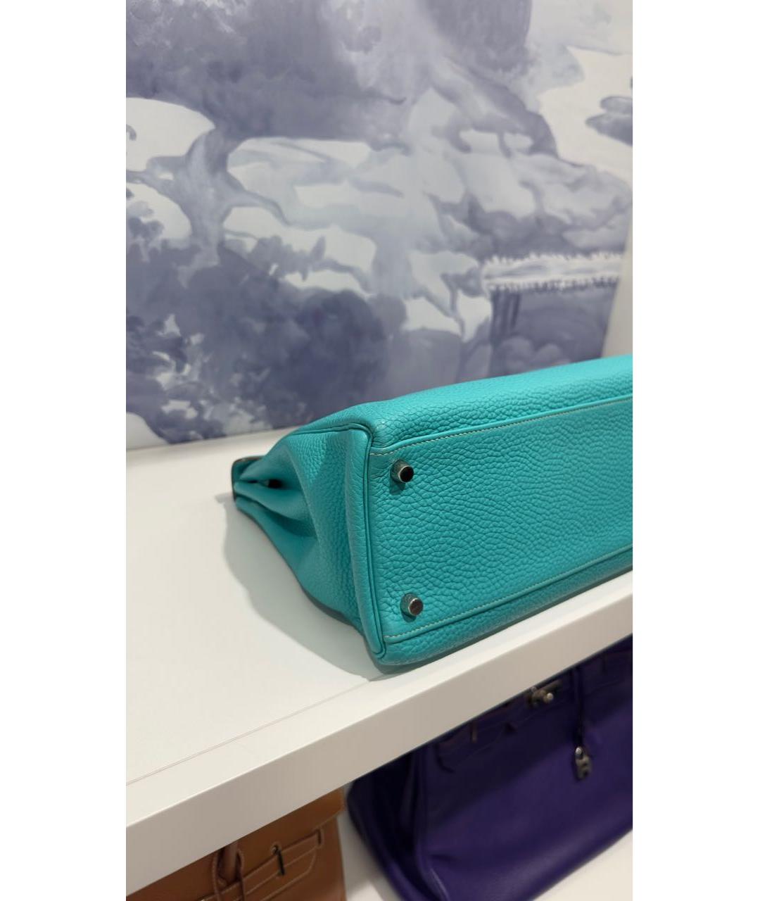 HERMES Бирюзовая кожаная сумка с короткими ручками, фото 3