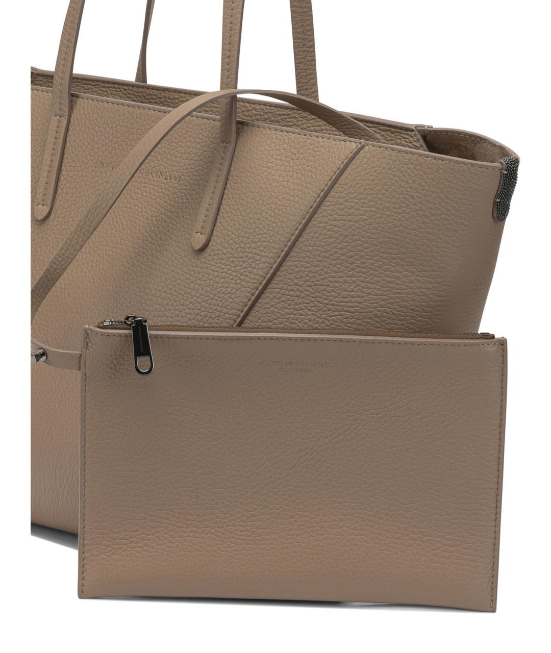 BRUNELLO CUCINELLI Бежевая кожаная сумка тоут, фото 4