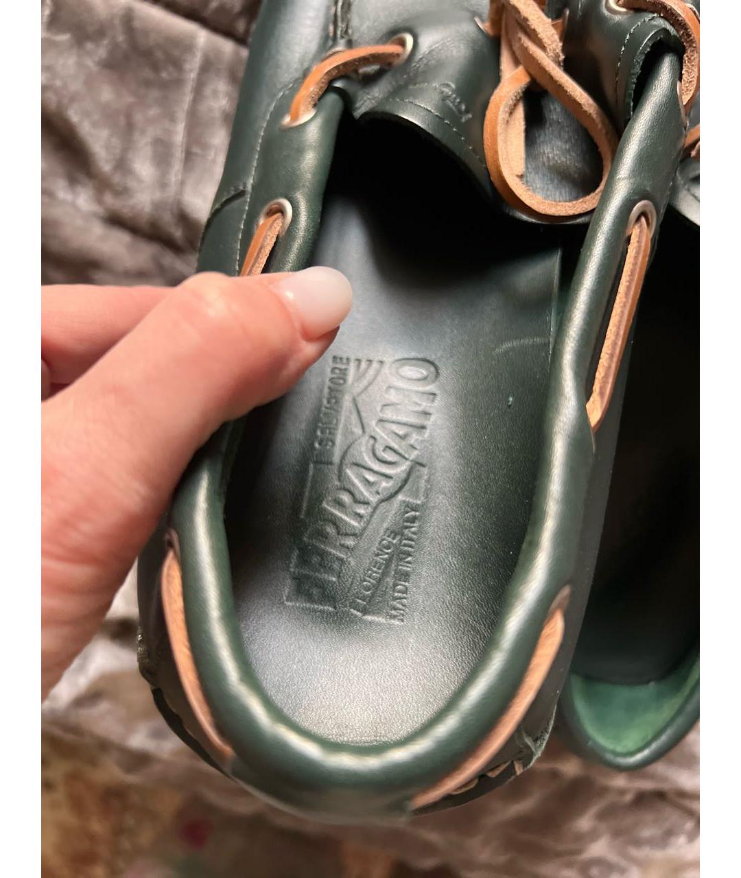 FERRAGAMO Зеленые кожаные мокасины, фото 4