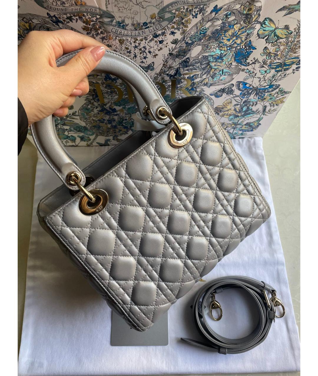 CHRISTIAN DIOR Серая кожаная сумка с короткими ручками, фото 3