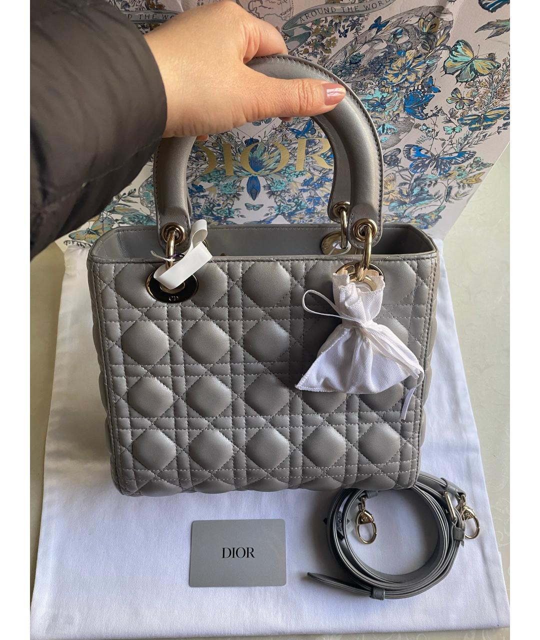 CHRISTIAN DIOR Серая кожаная сумка с короткими ручками, фото 7