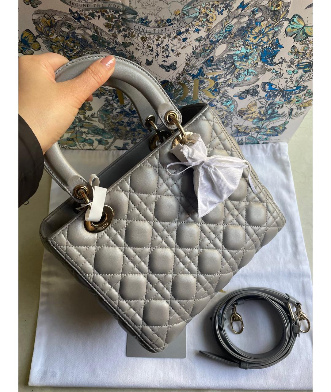 CHRISTIAN DIOR Серая кожаная сумка с короткими ручками, фото 2