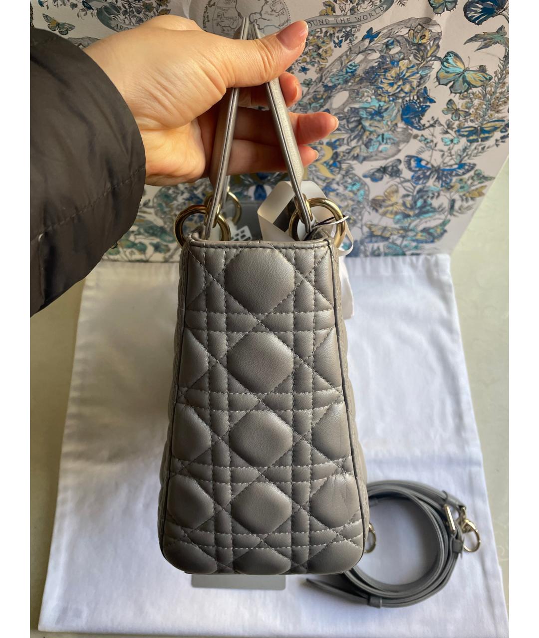 CHRISTIAN DIOR Серая кожаная сумка с короткими ручками, фото 5