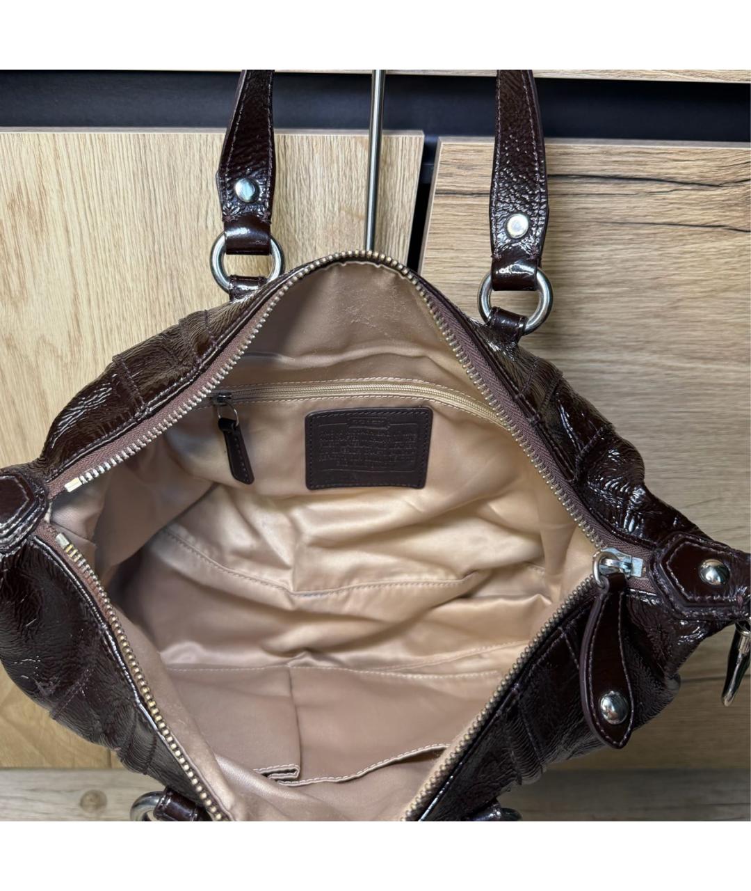 COACH Коричневая кожаная сумка с короткими ручками, фото 5