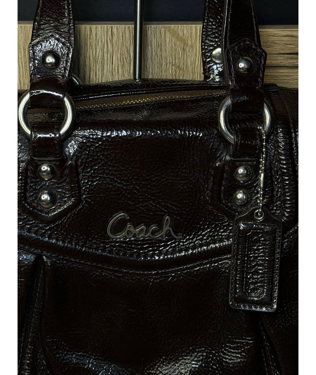 COACH Коричневая кожаная сумка с короткими ручками, фото 8