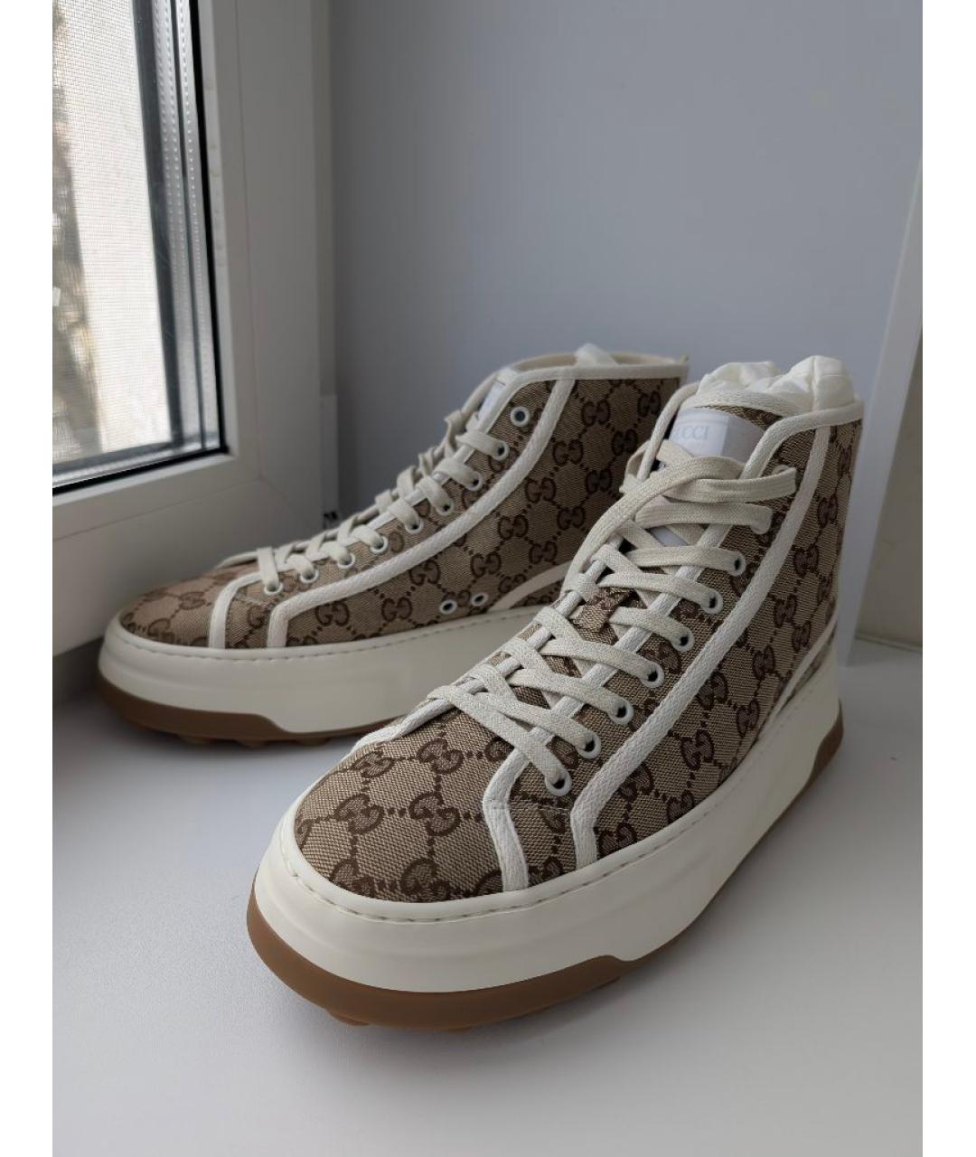 GUCCI Бежевые текстильные высокие кроссовки / кеды, фото 2