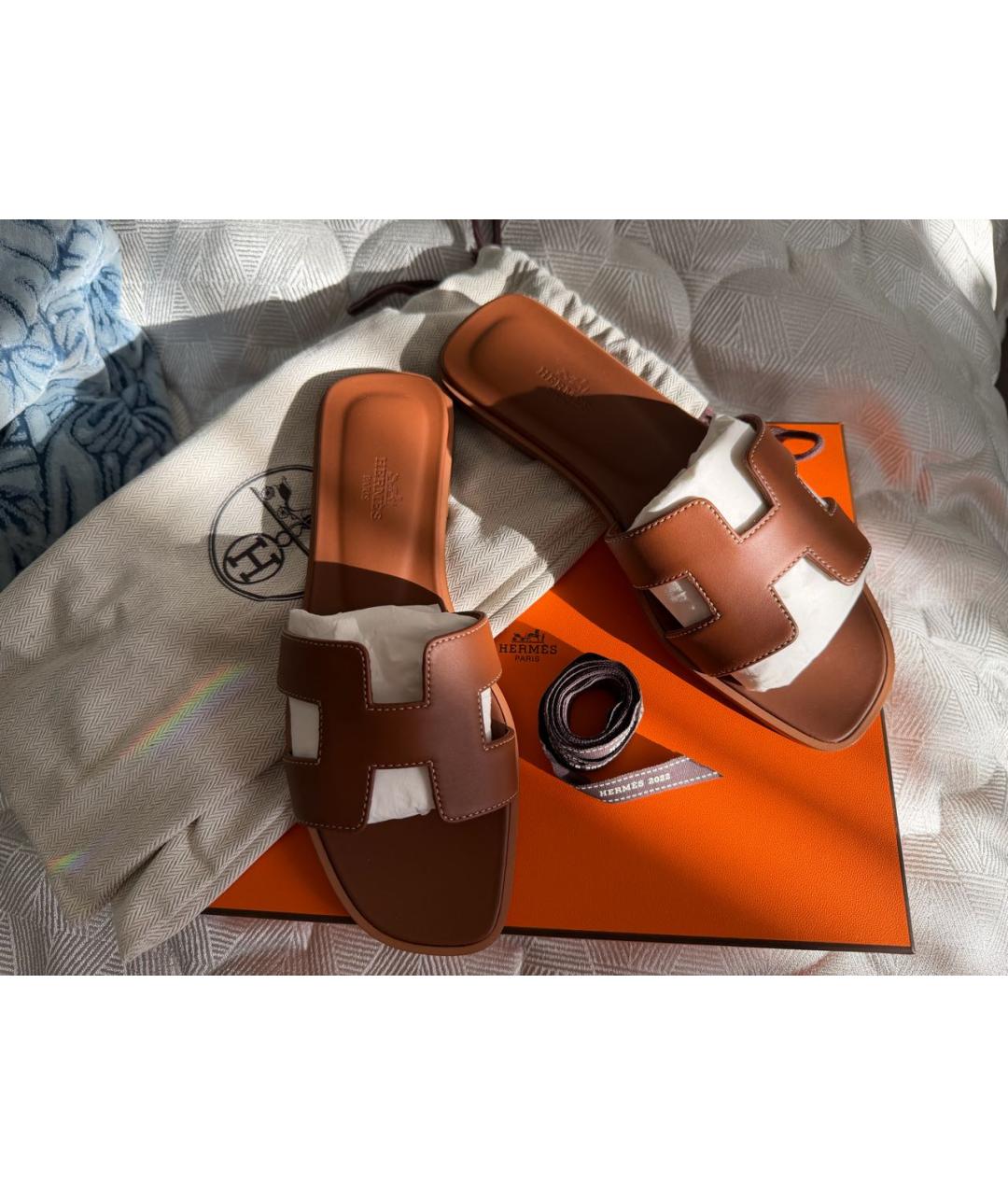 HERMES Коричневые кожаные шлепанцы, фото 5