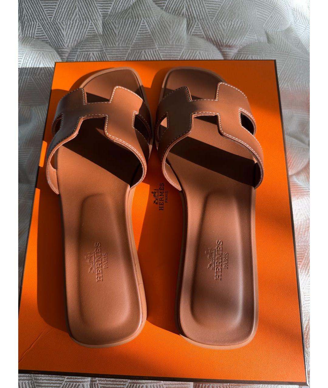 HERMES Коричневые кожаные шлепанцы, фото 3